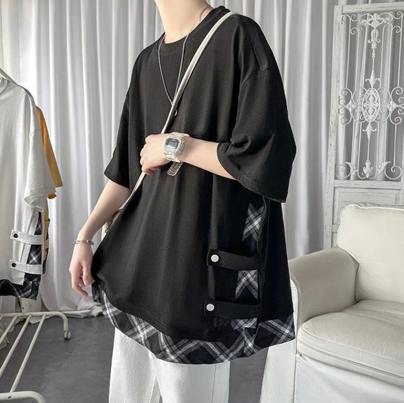 T-Shirt Men's 2023 Summer New T-Shirt White Half-Sleeved Five-Quarter Sleeve Ins Trendy Hong Kong Style Summer Clothing Couple Style Short-Sleeved - Image 1