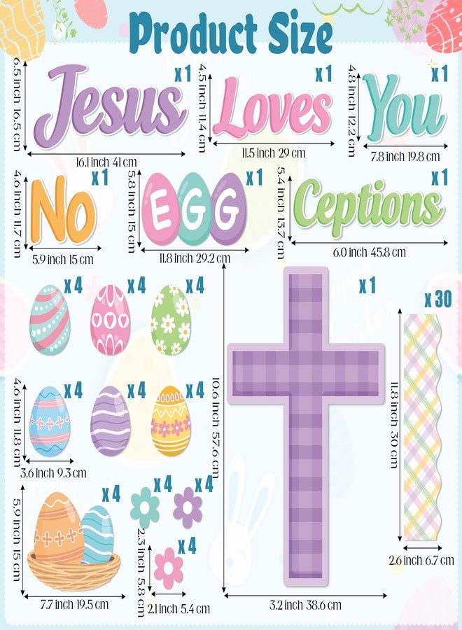 BeYumi Easter Christian Bulletin Board - 83Pcs Easter Jesus Loves You NO Egg CEPTIONS Christian Cross Bulletin Board Religious Egg Flower Cutouts Plaid Border Trim School Classroom Wall Party Decor - Image 2