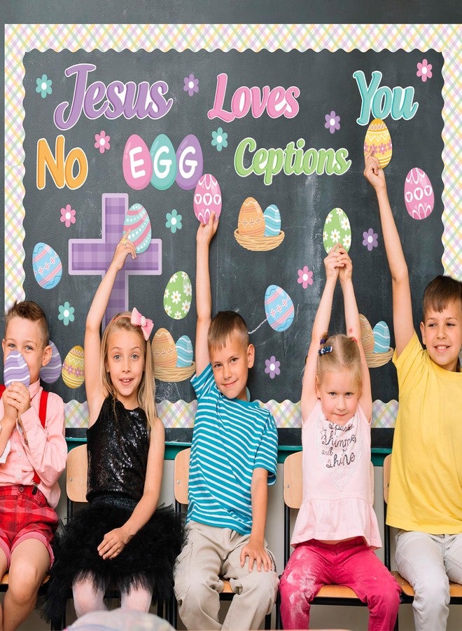 BeYumi Easter Christian Bulletin Board - 83Pcs Easter Jesus Loves You NO Egg CEPTIONS Christian Cross Bulletin Board Religious Egg Flower Cutouts Plaid Border Trim School Classroom Wall Party Decor - Image 3