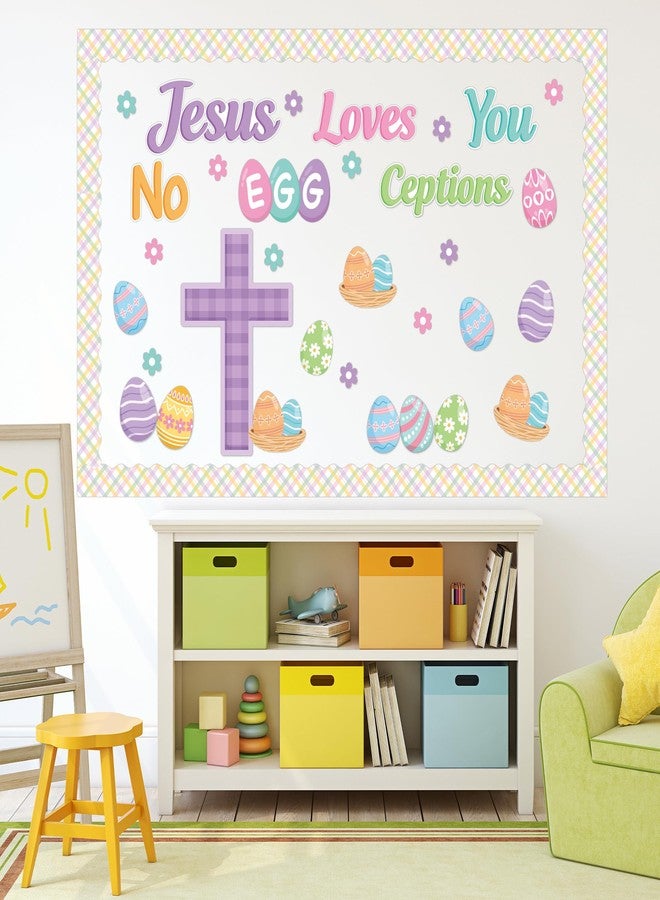 BeYumi Easter Christian Bulletin Board - 83Pcs Easter Jesus Loves You NO Egg CEPTIONS Christian Cross Bulletin Board Religious Egg Flower Cutouts Plaid Border Trim School Classroom Wall Party Decor - Image 5