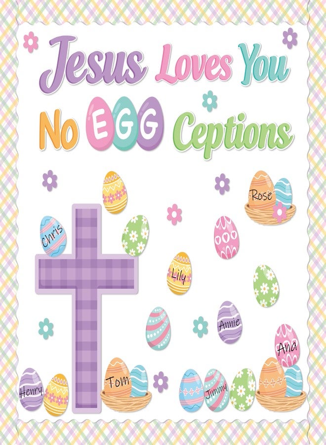 BeYumi Easter Christian Bulletin Board - 83Pcs Easter Jesus Loves You NO Egg CEPTIONS Christian Cross Bulletin Board Religious Egg Flower Cutouts Plaid Border Trim School Classroom Wall Party Decor - Image 1