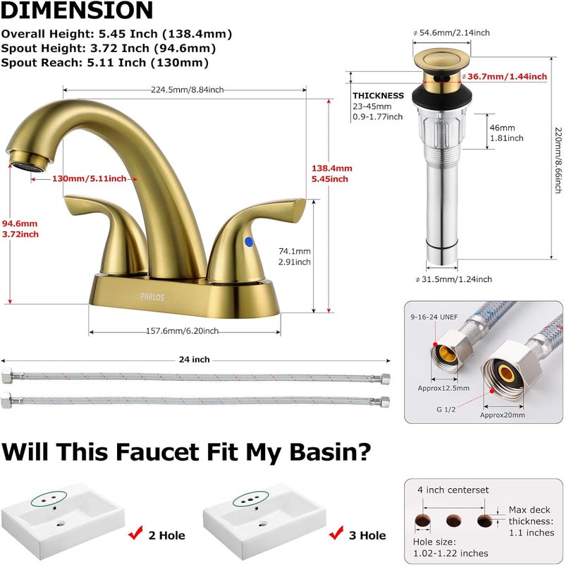 PARLOS 2-Handle Bathroom Sink Faucet with Drain Assembly and Supply Hose Lead-Free cUPC Lavatory Faucet Mixer Double Handle Tap Deck Mounted Brushed Gold,1359808 - Image 5