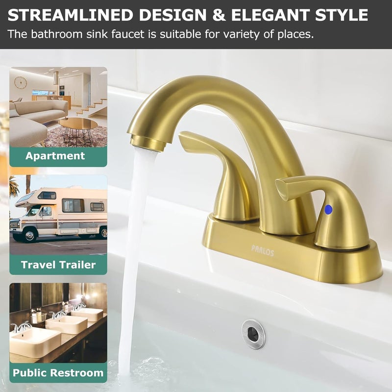 PARLOS 2-Handle Bathroom Sink Faucet with Drain Assembly and Supply Hose Lead-Free cUPC Lavatory Faucet Mixer Double Handle Tap Deck Mounted Brushed Gold,1359808 - Image 3