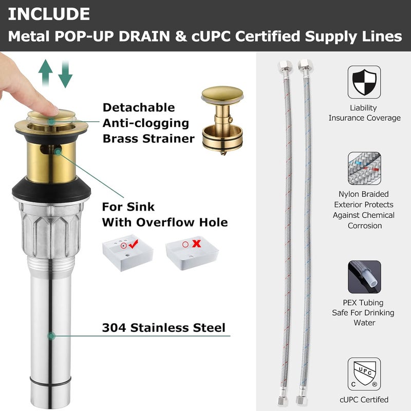 PARLOS 2-Handle Bathroom Sink Faucet with Drain Assembly and Supply Hose Lead-Free cUPC Lavatory Faucet Mixer Double Handle Tap Deck Mounted Brushed Gold,1359808 - Image 4