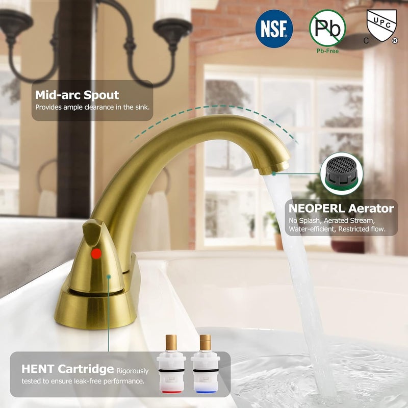 PARLOS 2-Handle Bathroom Sink Faucet with Drain Assembly and Supply Hose Lead-Free cUPC Lavatory Faucet Mixer Double Handle Tap Deck Mounted Brushed Gold,1359808 - Image 2