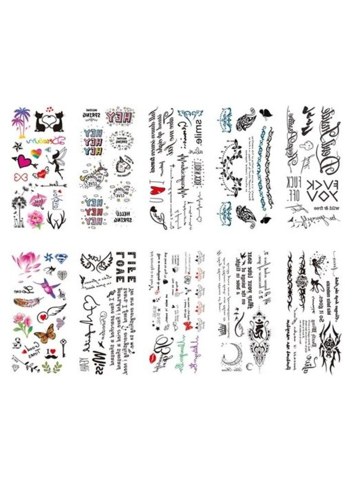 PROMASS Temporary Tattoos Lovely English Words & Black Designs Body Art Make up for Women Fake Tattoo Sticker Waterproof Tattoo with Star Heart 10 Sheets - Image 1
