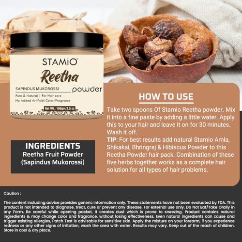 STAMIO Reetha Powder 100 gm for Hair Wash, Pack, Mask, Shampoo, Scalp Care, Dandruff | Seedless Dried Ritha / Aritha / Soapnuts / Sapindus Mukorossi | Natural Cleanser | In Jar 3.53 oz - Image 3
