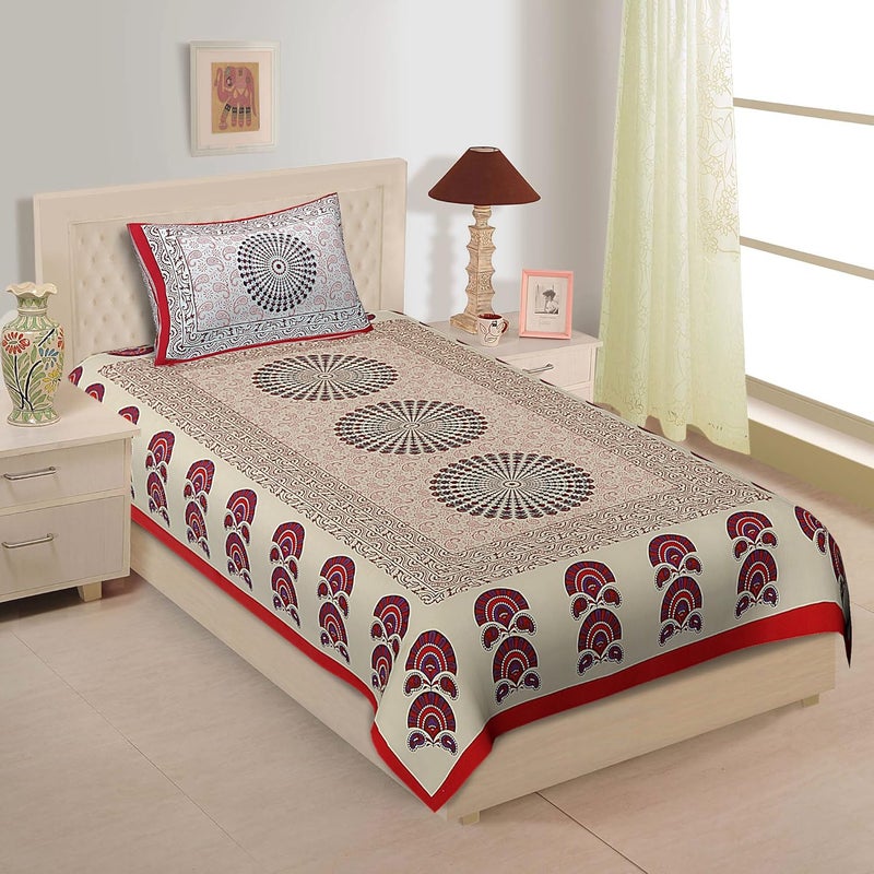 144 TC Cotton Comfort Rajasthani Jaipuri Traditional Sanganeri Printed Single Bedsheet with Pillow Cover Red Single Color Block  - Image 1