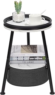 LEMONDA Industrial Round Marble End Table, 2 Tier Round Side Table with Storage Basket,Round Metal Sofa Side - Image 1