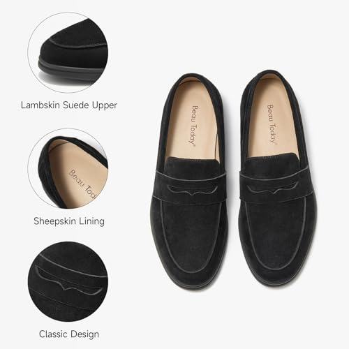 BEAU TODAY Suede Loafers Flats for Women, Women’s Slip On Penny Loafers, Leather Driving Comfortable Dress Ladies Loafers Casual Office Work Shoes Black US 5.5 - Image 2