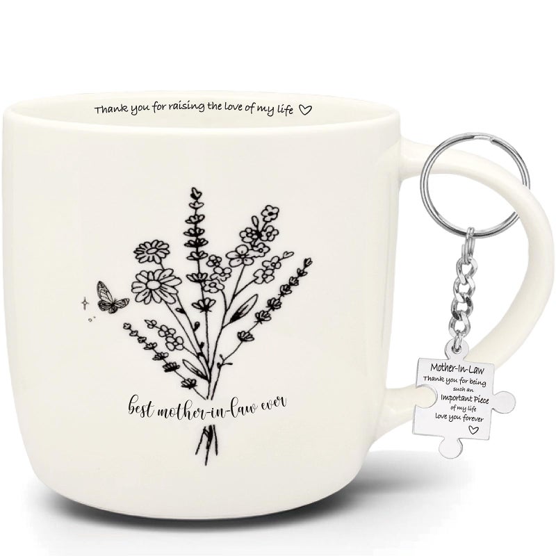 MALLAbyLAMMA Best MotherinLaw Ever Mug 12 Ounces Ceramic Coffee Cup Floral Beige with Keychain Gift for Mother In Law Birthday Mothers Day Christmas from Daughterin Law