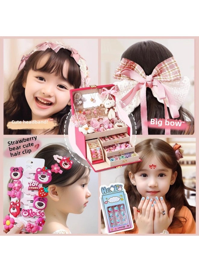 Birthday Gift For Girls 8 Children's Toys 7 Years Old 6-13 Little Girl Jewelry 10 Gift Box 10 9 Hair Accessories-Color:Pink Makeup Jade-double-layer Hair Accessory Gift Box (comes With Gripper + Headband + Big Bow + Bear + Ring + Crown Hair Tie + Blingbling  - Image 3