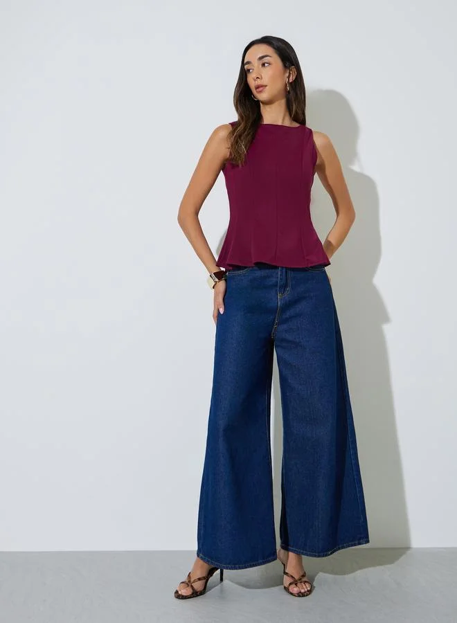 Styli Burgundy Seam Detail Peplum Top