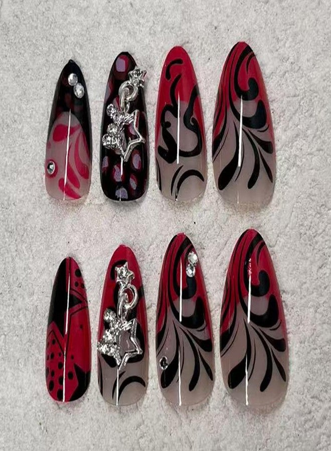 Jremg Hot Pink French Tip Press on Nails Medium Almond Fake Nails with Rhinestones Y2K Black Curve Lines False Nails Reusable Glossy Star Charms Glue on Nails for Women 24Pcs - Image 3