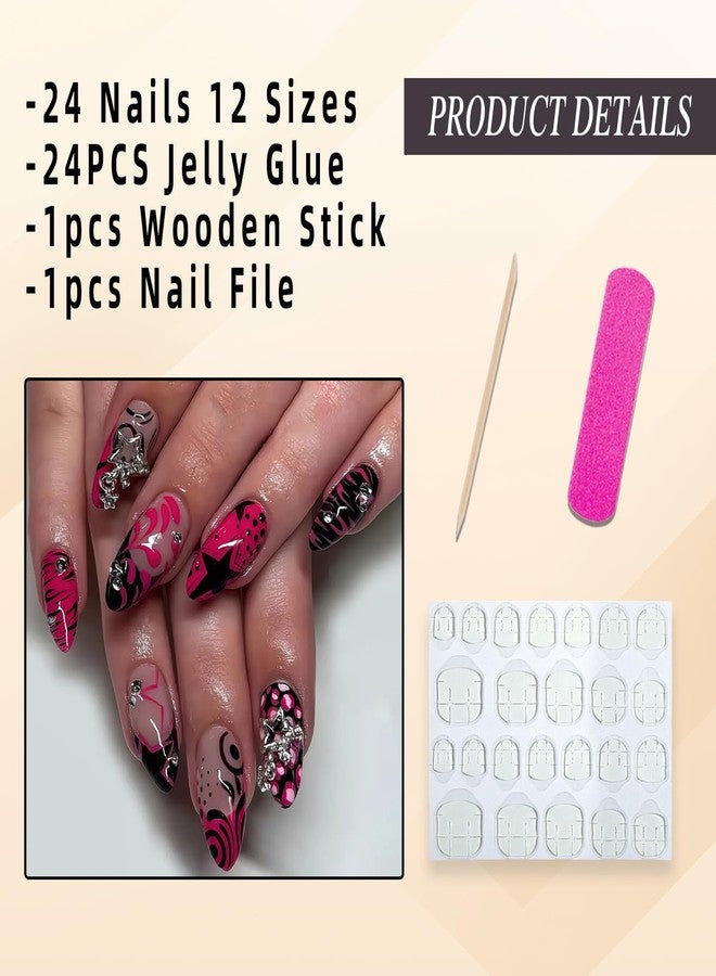 Jremg Hot Pink French Tip Press on Nails Medium Almond Fake Nails with Rhinestones Y2K Black Curve Lines False Nails Reusable Glossy Star Charms Glue on Nails for Women 24Pcs - Image 5