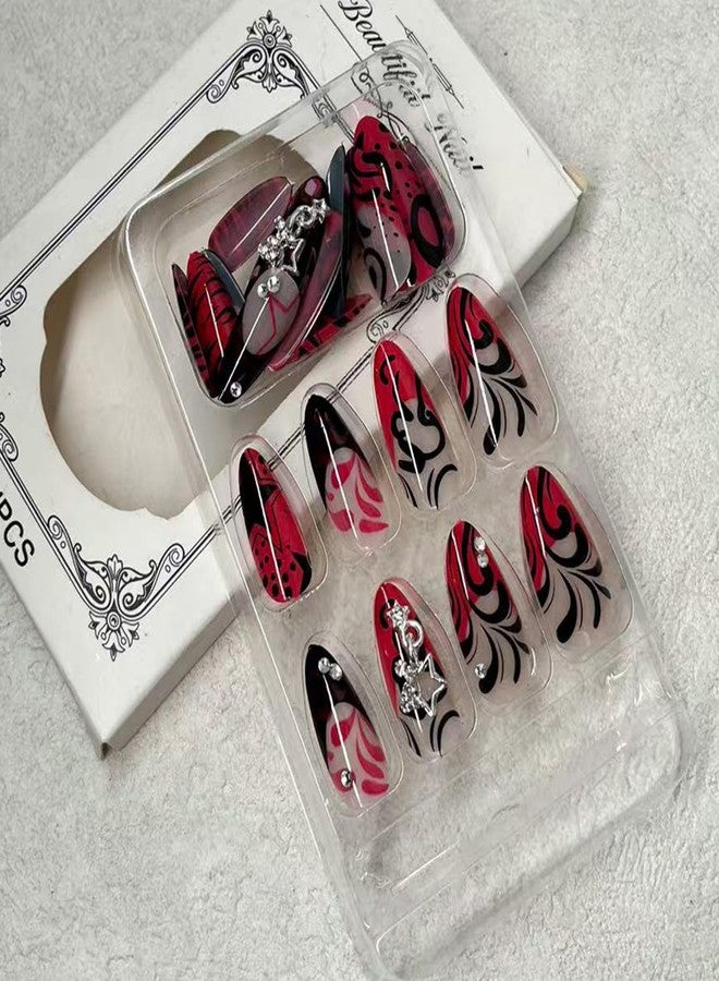Jremg Hot Pink French Tip Press on Nails Medium Almond Fake Nails with Rhinestones Y2K Black Curve Lines False Nails Reusable Glossy Star Charms Glue on Nails for Women 24Pcs - Image 2