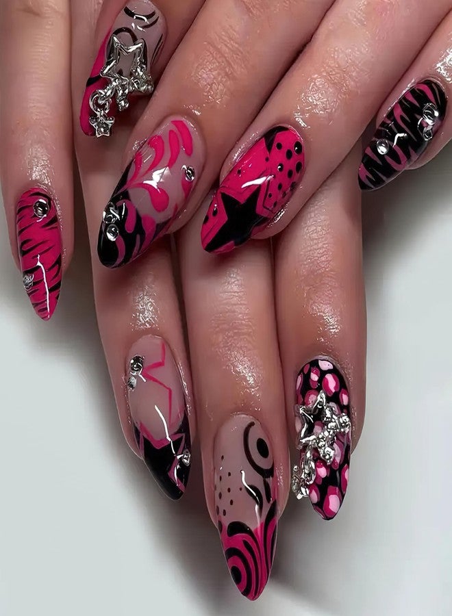 Jremg Hot Pink French Tip Press on Nails Medium Almond Fake Nails with Rhinestones Y2K Black Curve Lines False Nails Reusable Glossy Star Charms Glue on Nails for Women 24Pcs - Image 1