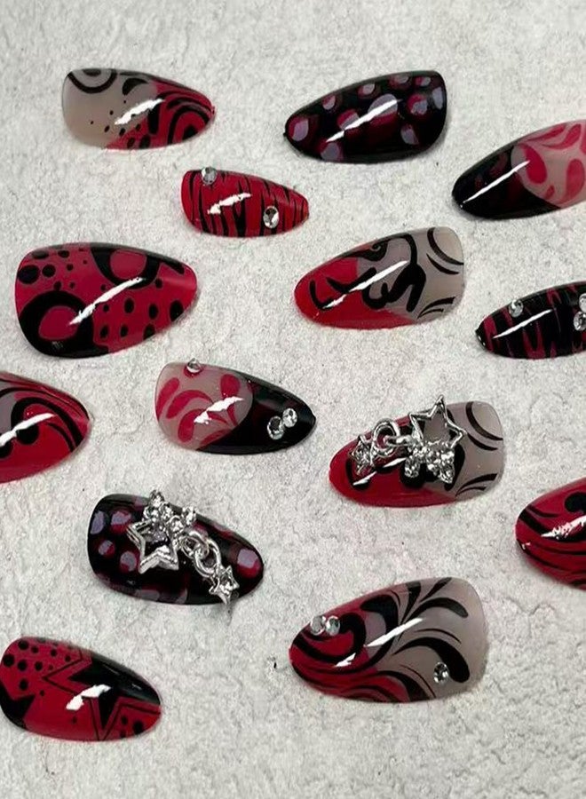 Jremg Hot Pink French Tip Press on Nails Medium Almond Fake Nails with Rhinestones Y2K Black Curve Lines False Nails Reusable Glossy Star Charms Glue on Nails for Women 24Pcs - Image 4