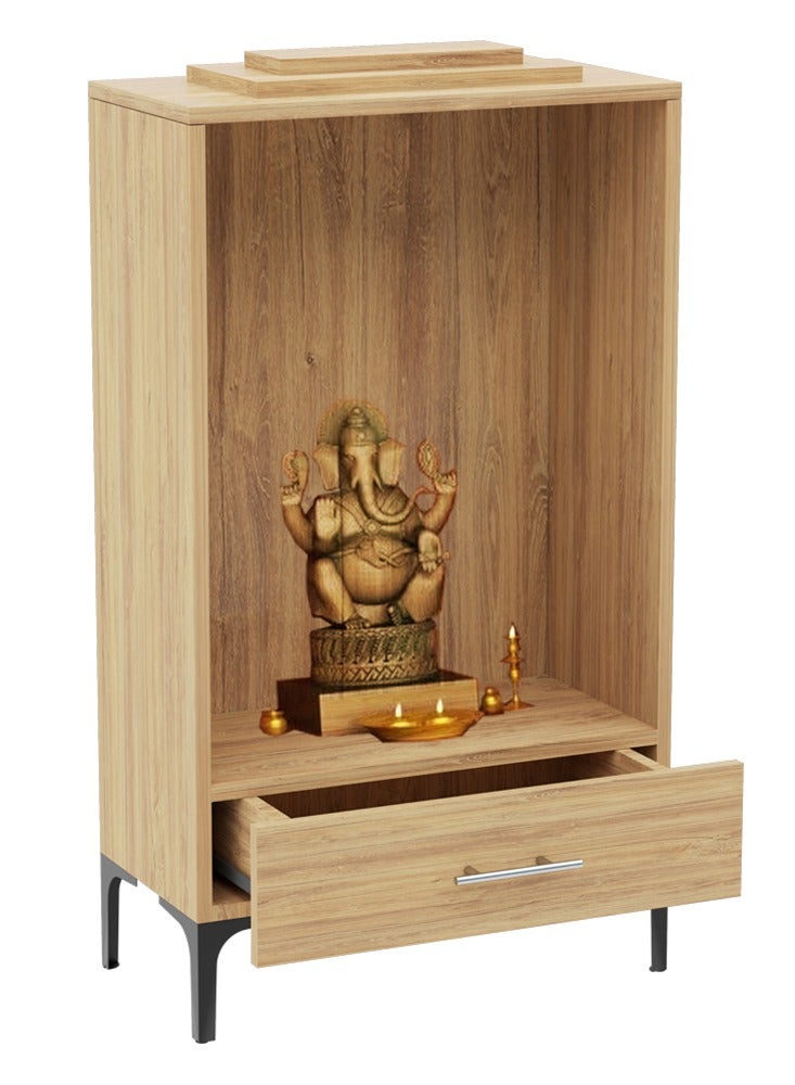 Mahmayi Modern Wooden Mandir, Temple with Single Drawer for Storage Pooja Essentials Sturdy Steel Legs Ideal for Home, Office, Temple - Brown Kansas Oak - Image 1