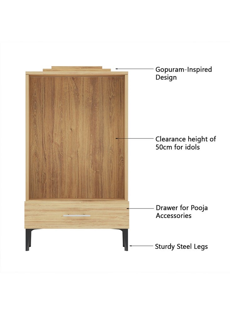 Mahmayi Modern Wooden Mandir, Temple with Single Drawer for Storage Pooja Essentials Sturdy Steel Legs Ideal for Home, Office, Temple - Brown Kansas Oak - Image 2