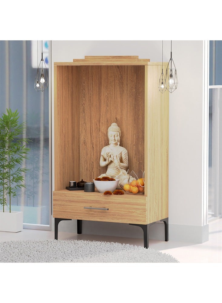 Mahmayi Modern Wooden Mandir, Temple with Single Drawer for Storage Pooja Essentials Sturdy Steel Legs Ideal for Home, Office, Temple - Brown Kansas Oak - Image 4