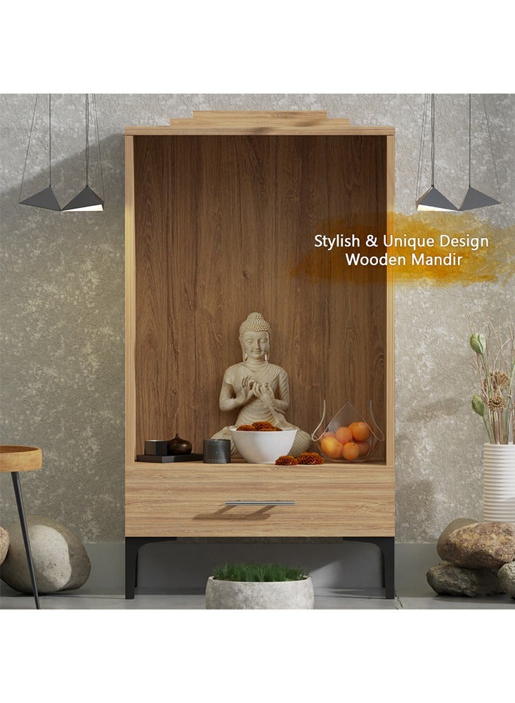 Mahmayi Modern Wooden Mandir, Temple with Single Drawer for Storage Pooja Essentials Sturdy Steel Legs Ideal for Home, Office, Temple - Brown Kansas Oak - Image 5