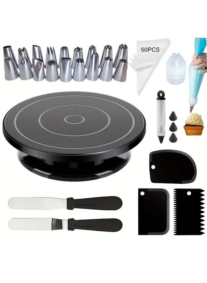 Black 77 Pcs Large Cream Piping Tips Set With Turntable Spatula And Cake Pen - Image 1