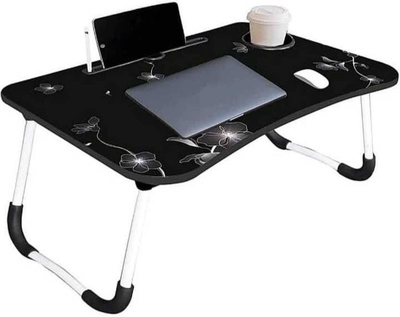 YAJNAS Wooden Multipurpose Foldable Laptop Table with Cup & Tab Holder| Table Holder Study Table, Breakfast Table, Foldable and Portable Table| Color - Black Flower - Image 1