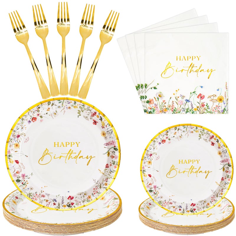 Crisky Wildflower Birthday Plates and Napkins set Women/Men Floral Disposable Tableware Set of 24 for Birthday Party Decorations (Plates, Napkin, Fork) - Image 1