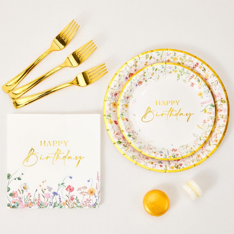 Crisky Wildflower Birthday Plates and Napkins set Women/Men Floral Disposable Tableware Set of 24 for Birthday Party Decorations (Plates, Napkin, Fork) - Image 4
