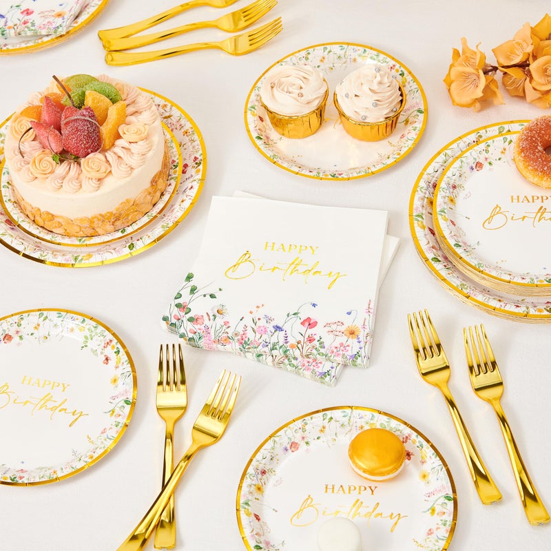 Crisky Wildflower Birthday Plates and Napkins set Women/Men Floral Disposable Tableware Set of 24 for Birthday Party Decorations (Plates, Napkin, Fork) - Image 3