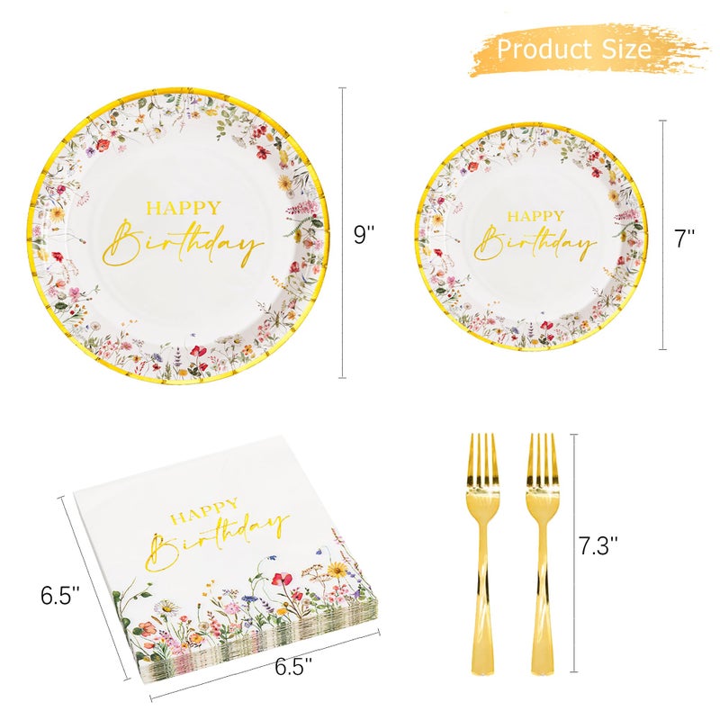 Crisky Wildflower Birthday Plates and Napkins set Women/Men Floral Disposable Tableware Set of 24 for Birthday Party Decorations (Plates, Napkin, Fork) - Image 2