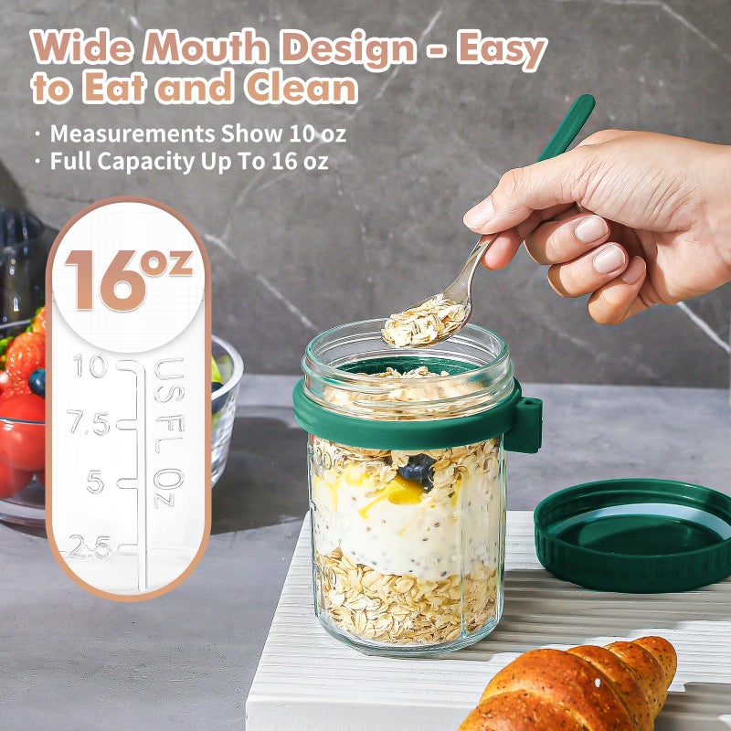DRKIO 4 Pack Glass Overnight Oats Containers with Lids and Spoons 16 Oz Mason Jars for Overnight Oats Jars Leak Proof Oatmeal Container Meal Prep Jar for Cereal Fruit Vegetable Milk Salad Yogurt - Image 4