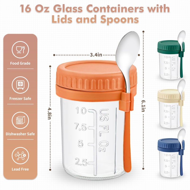 DRKIO 4 Pack Glass Overnight Oats Containers with Lids and Spoons 16 Oz Mason Jars for Overnight Oats Jars Leak Proof Oatmeal Container Meal Prep Jar for Cereal Fruit Vegetable Milk Salad Yogurt - Image 2