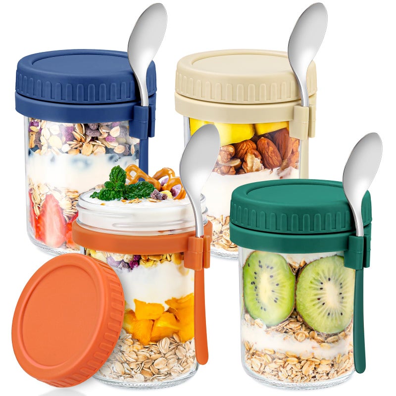 DRKIO 4 Pack Glass Overnight Oats Containers with Lids and Spoons 16 Oz Mason Jars for Overnight Oats Jars Leak Proof Oatmeal Container Meal Prep Jar for Cereal Fruit Vegetable Milk Salad Yogurt - Image 1