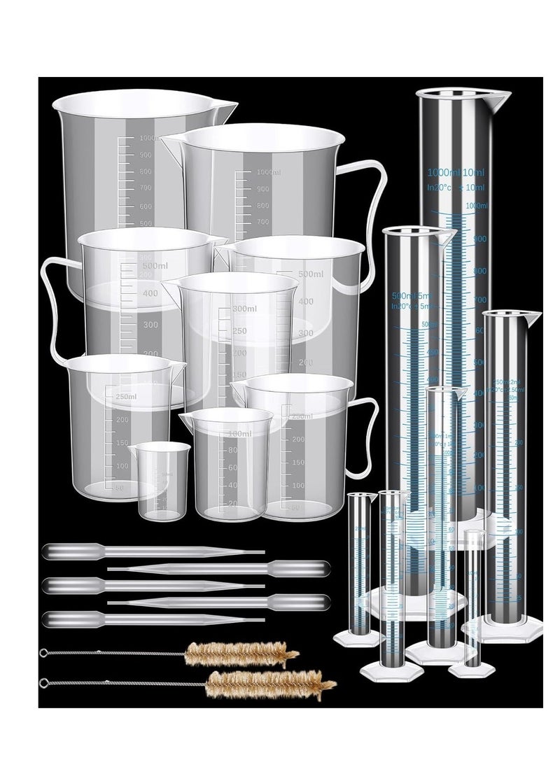 23 Pcs Plastic Graduated Cylinders and Beakers, Pipettes Set, Include 7 Pcs 1025501002505001000ml Cylinders 9 Pcs 501002503005001000ml Beakers 5 Pipettes and 2 Brush for Science Lab - Image 1