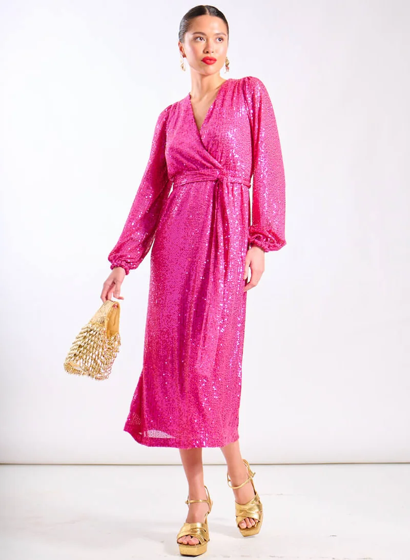 Pink Sequin Wrap Midi Dress