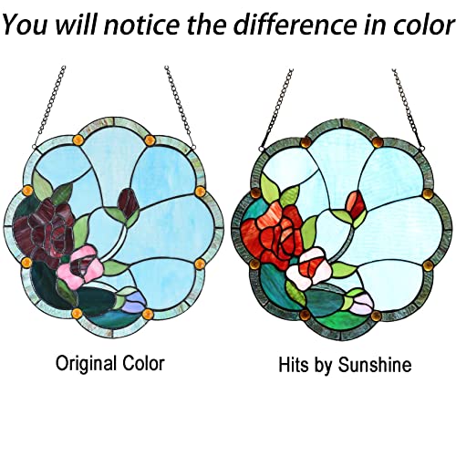 Bieye W10058 Rose Flower Tiffany Style Stained Glass Window Panel with Chain, 16-inch Wide - Image 3