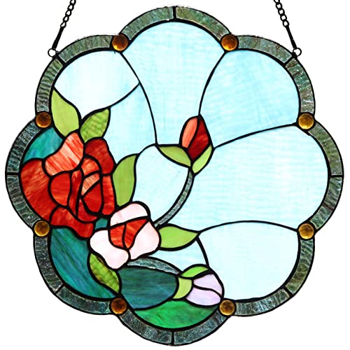 Bieye W10058 Rose Flower Tiffany Style Stained Glass Window Panel with Chain, 16-inch Wide - Image 1