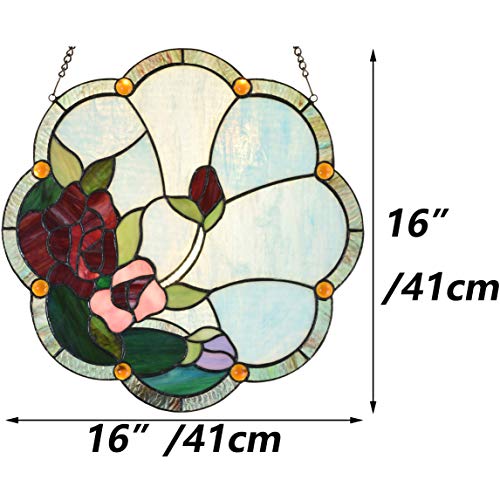 Bieye W10058 Rose Flower Tiffany Style Stained Glass Window Panel with Chain, 16-inch Wide - Image 4