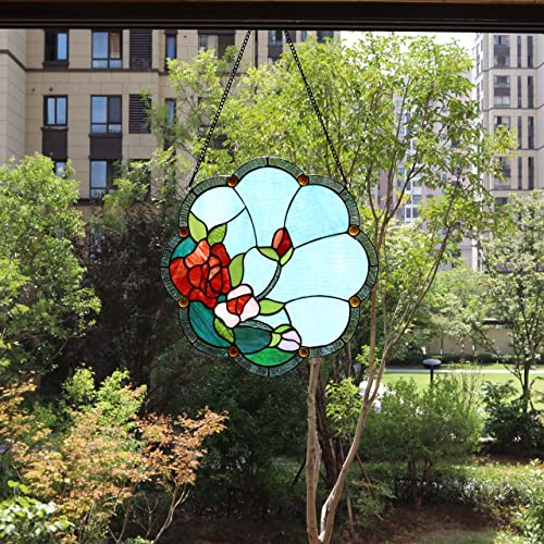 Bieye W10058 Rose Flower Tiffany Style Stained Glass Window Panel with Chain, 16-inch Wide - Image 2
