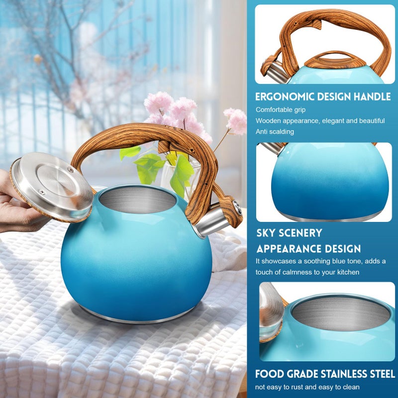 GGC Tea Kettle for Stove Top, 3.1QT/3L Whistling Tea Kettles for Boiling Water Coffee or Milk, Gradient Blue Tea Pot with Wood Parttern Handle, Stainless Steel Tea Pots for Home and Kitchen - Image 4