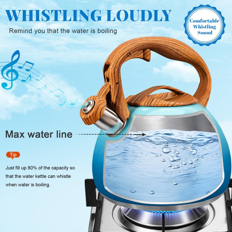 GGC Tea Kettle for Stove Top, 3.1QT/3L Whistling Tea Kettles for Boiling Water Coffee or Milk, Gradient Blue Tea Pot with Wood Parttern Handle, Stainless Steel Tea Pots for Home and Kitchen - Image 3