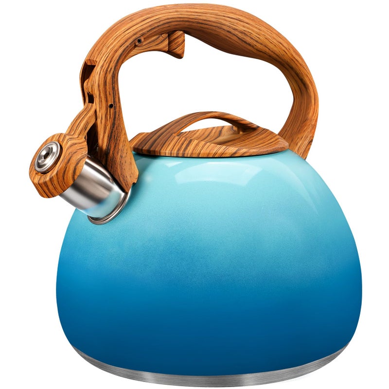 GGC Tea Kettle for Stove Top, 3.1QT/3L Whistling Tea Kettles for Boiling Water Coffee or Milk, Gradient Blue Tea Pot with Wood Parttern Handle, Stainless Steel Tea Pots for Home and Kitchen - Image 1