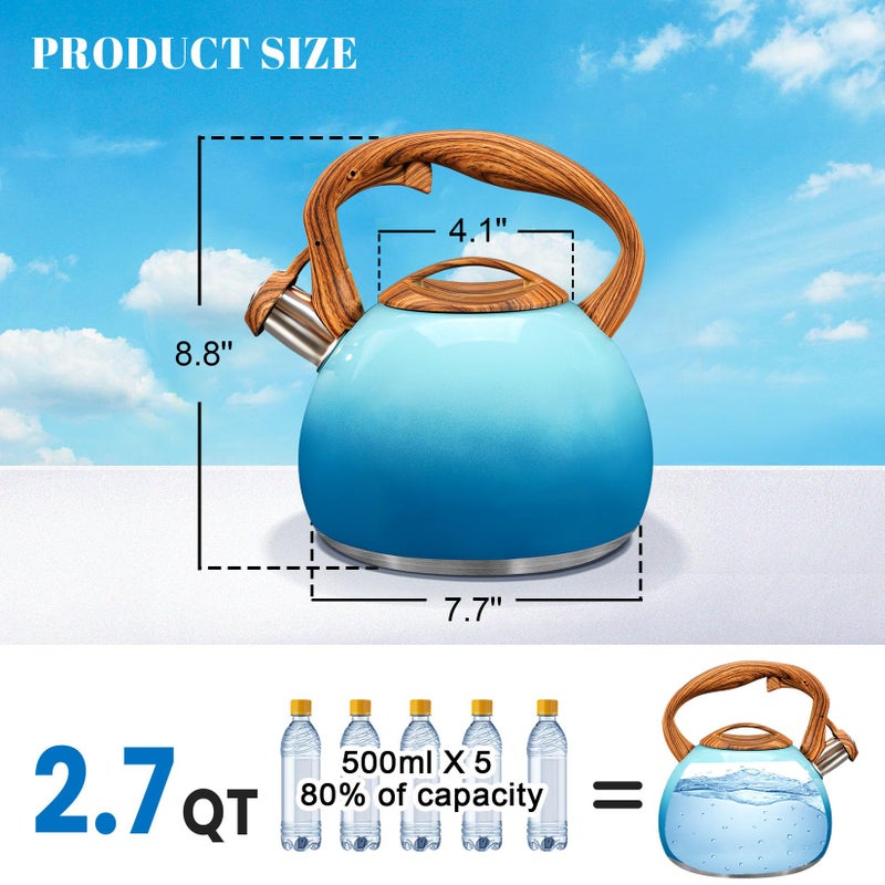 GGC Tea Kettle for Stove Top, 3.1QT/3L Whistling Tea Kettles for Boiling Water Coffee or Milk, Gradient Blue Tea Pot with Wood Parttern Handle, Stainless Steel Tea Pots for Home and Kitchen - Image 2