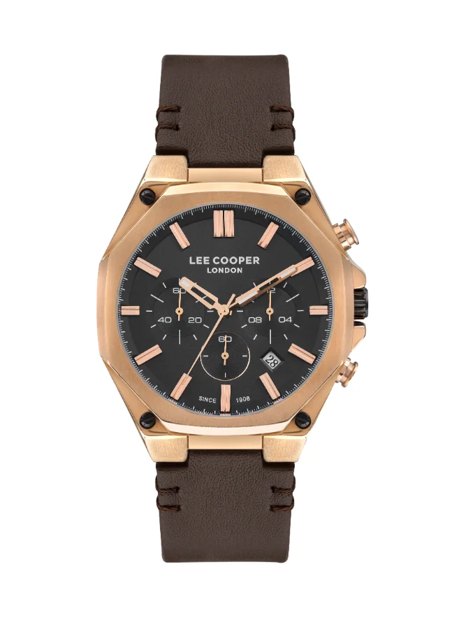 لي كوبر ساعة لي كوبر للرجال بحركة كوارتز وشاشة متعددة الوظائف وسوار جلدي بني