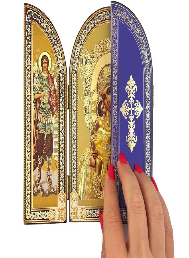 نيدزو أيقونة نيدزو الكاثوليكية الأرثوذكسية للعذراء مريم والطفل يسوع المسيح في لوحة ثلاثية الأجزاء من الذهب مع القديس رئيس الملائكة ميخائيل والملاك جارديان، 6 1/4 بوصة - Image 2