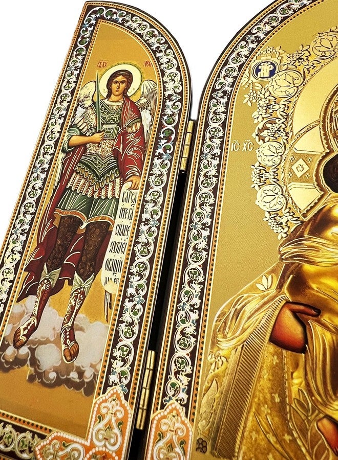 نيدزو أيقونة نيدزو الكاثوليكية الأرثوذكسية للعذراء مريم والطفل يسوع المسيح في لوحة ثلاثية الأجزاء من الذهب مع القديس رئيس الملائكة ميخائيل والملاك جارديان، 6 1/4 بوصة - Image 4