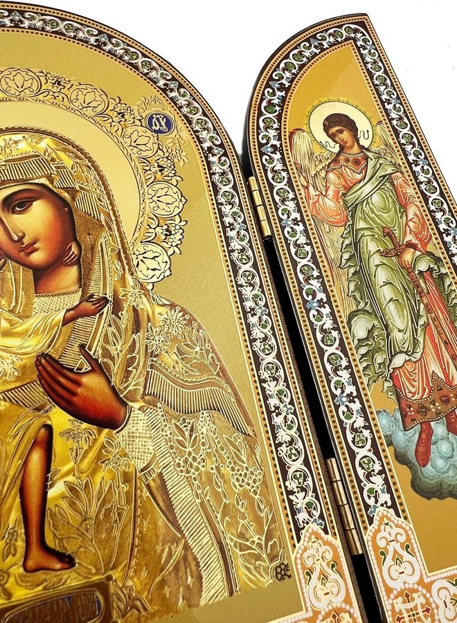 نيدزو أيقونة نيدزو الكاثوليكية الأرثوذكسية للعذراء مريم والطفل يسوع المسيح في لوحة ثلاثية الأجزاء من الذهب مع القديس رئيس الملائكة ميخائيل والملاك جارديان، 6 1/4 بوصة - Image 3