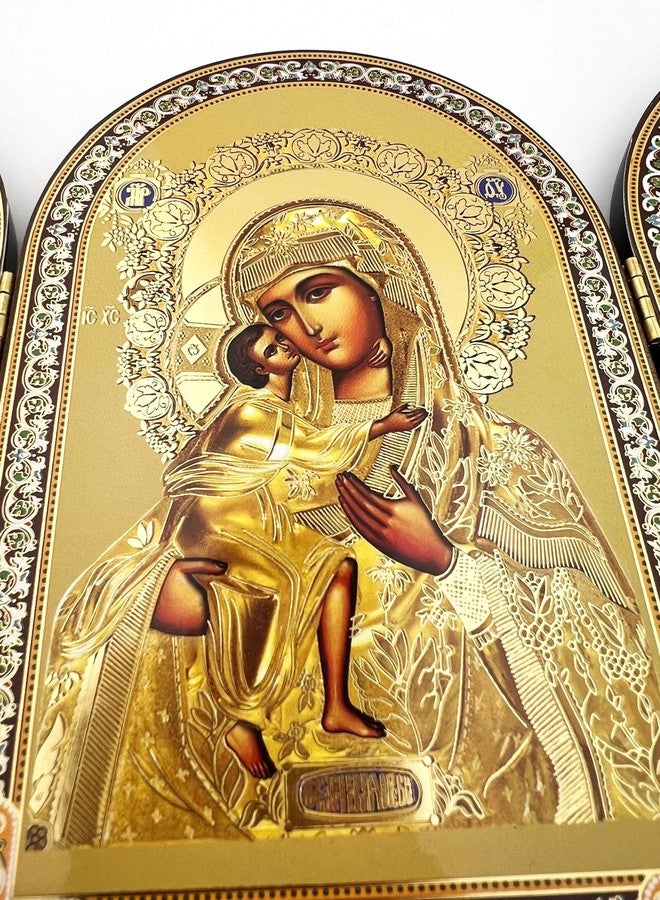 نيدزو أيقونة نيدزو الكاثوليكية الأرثوذكسية للعذراء مريم والطفل يسوع المسيح في لوحة ثلاثية الأجزاء من الذهب مع القديس رئيس الملائكة ميخائيل والملاك جارديان، 6 1/4 بوصة - Image 5